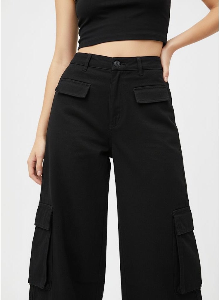 LVD Women's 100% Cotton Denim Wide Leg Cargo Pants | High Rise Black Structured Streetwear Jeans - Image 2