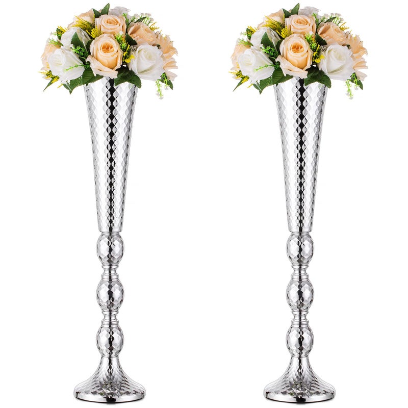 NUPTIO Trumpet Vase Wedding Centrepieces for Tables: Nuptio 2 Pcs Silver Vase 61cm Tall Flower Stand Road Lead for Weddings Party Dinner Centrepiece, Tabletop Vases for Anniversary Birthday Home Decoration - Image 1