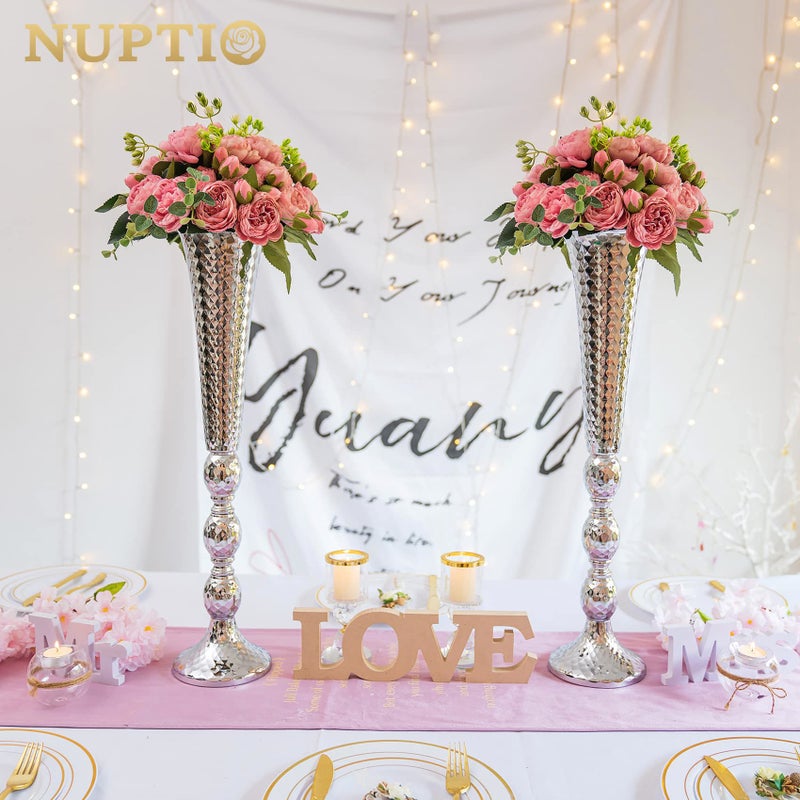 NUPTIO Trumpet Vase Wedding Centrepieces for Tables: Nuptio 2 Pcs Silver Vase 61cm Tall Flower Stand Road Lead for Weddings Party Dinner Centrepiece, Tabletop Vases for Anniversary Birthday Home Decoration - Image 5