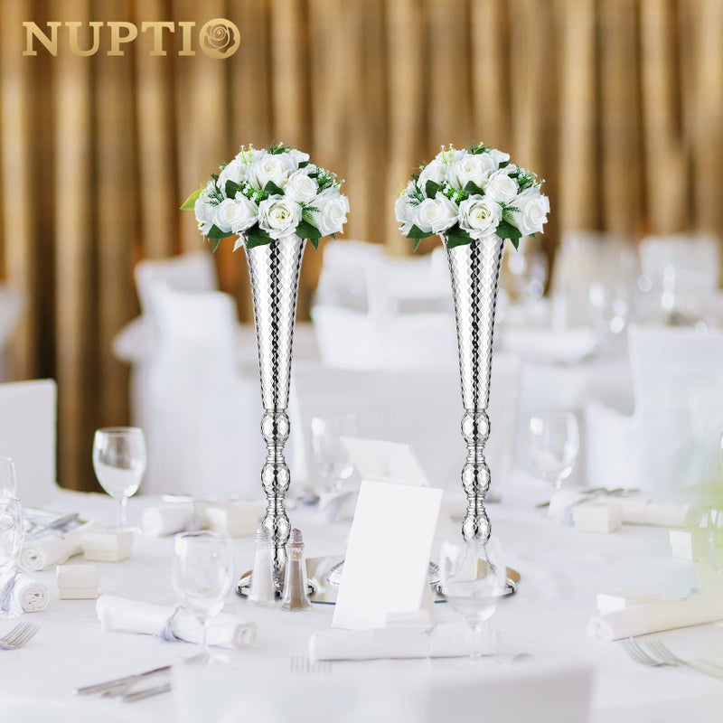 NUPTIO Trumpet Vase Wedding Centrepieces for Tables: Nuptio 2 Pcs Silver Vase 61cm Tall Flower Stand Road Lead for Weddings Party Dinner Centrepiece, Tabletop Vases for Anniversary Birthday Home Decoration - Image 3