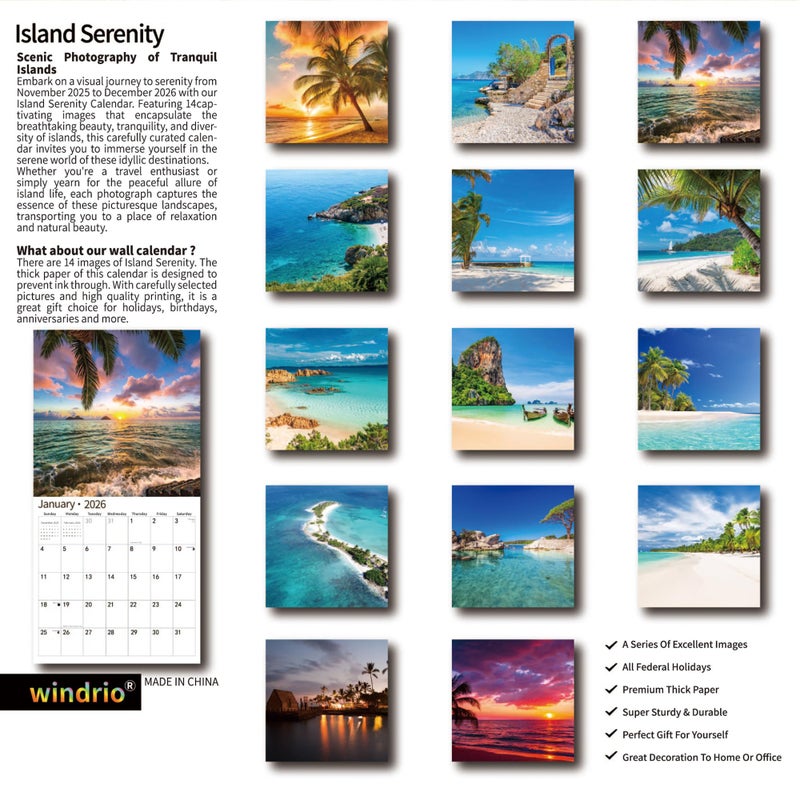 windrio 2026 Wall Calendar,Calendar 2026, November 2025 - December 2026, Wall Calendar Island Serenity, 12" x 24" Opened,Full Page Months Thick & Sturdy Paper for Gift Perfect Calendar Organizing & Planning - Image 2