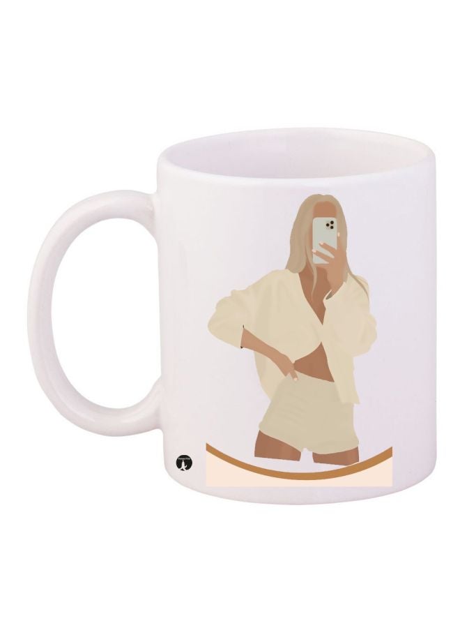 RYN Girl Taking Selfie Printed Coffee Mug White/Yellow/Brown 11ounce