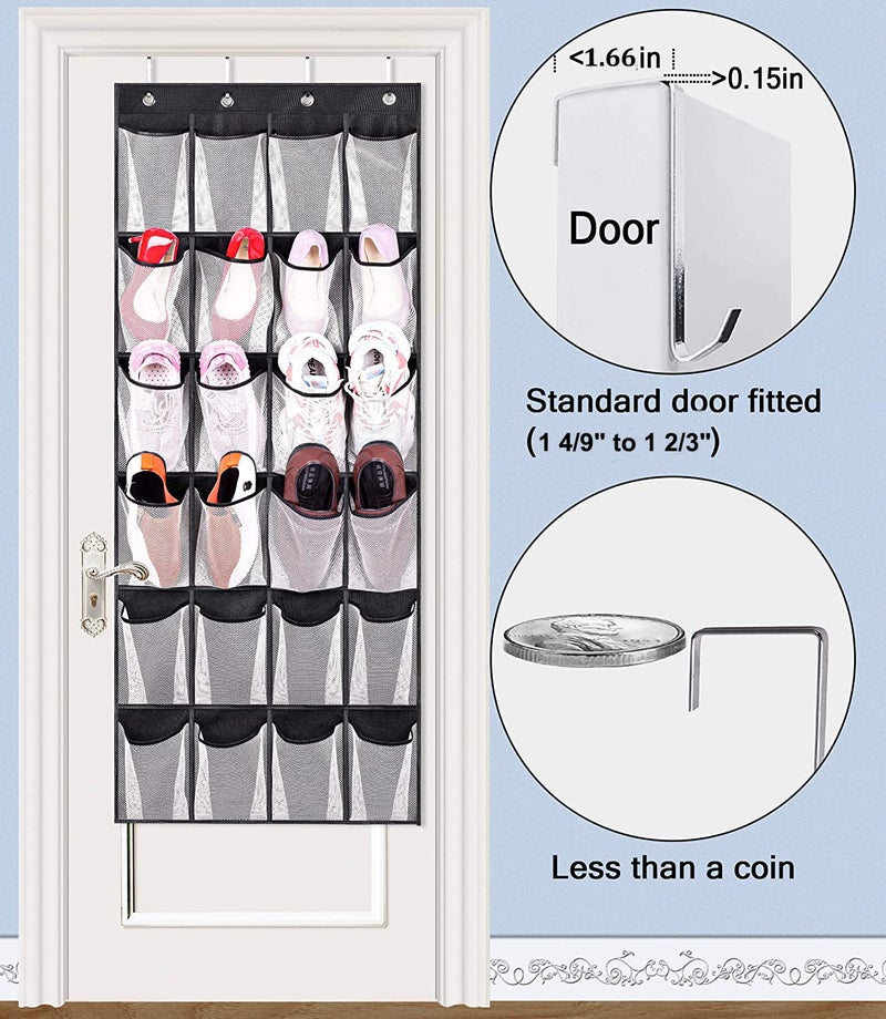 ميسلو MISSLO Hanging Shoe Rack Over Door Shoe Storage Organiser Holder 24 Large Mesh Pockets with Hanger(Black) - Image 2