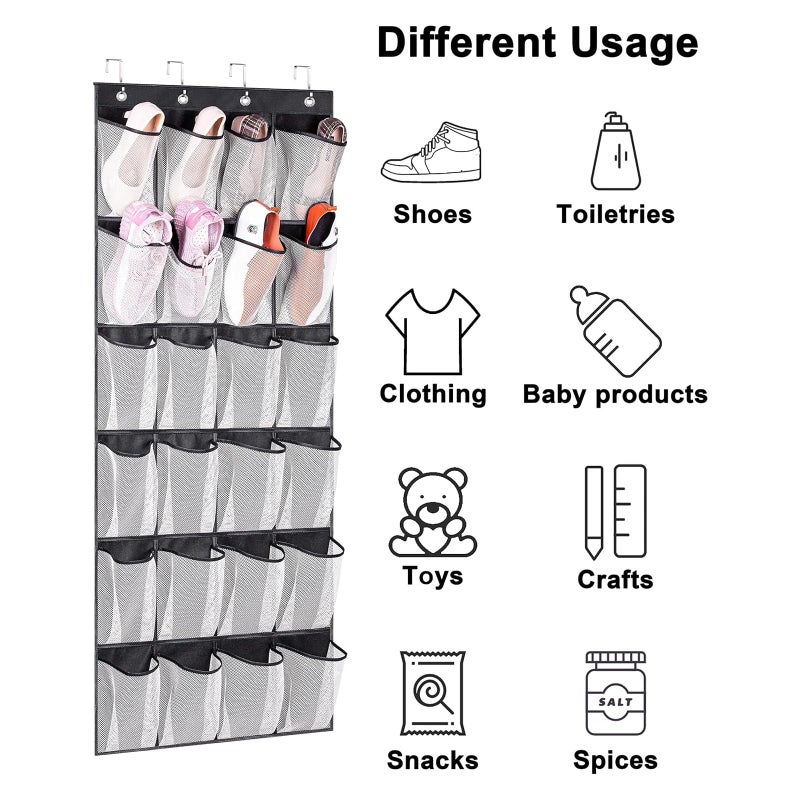ميسلو MISSLO Hanging Shoe Rack Over Door Shoe Storage Organiser Holder 24 Large Mesh Pockets with Hanger(Black) - Image 3