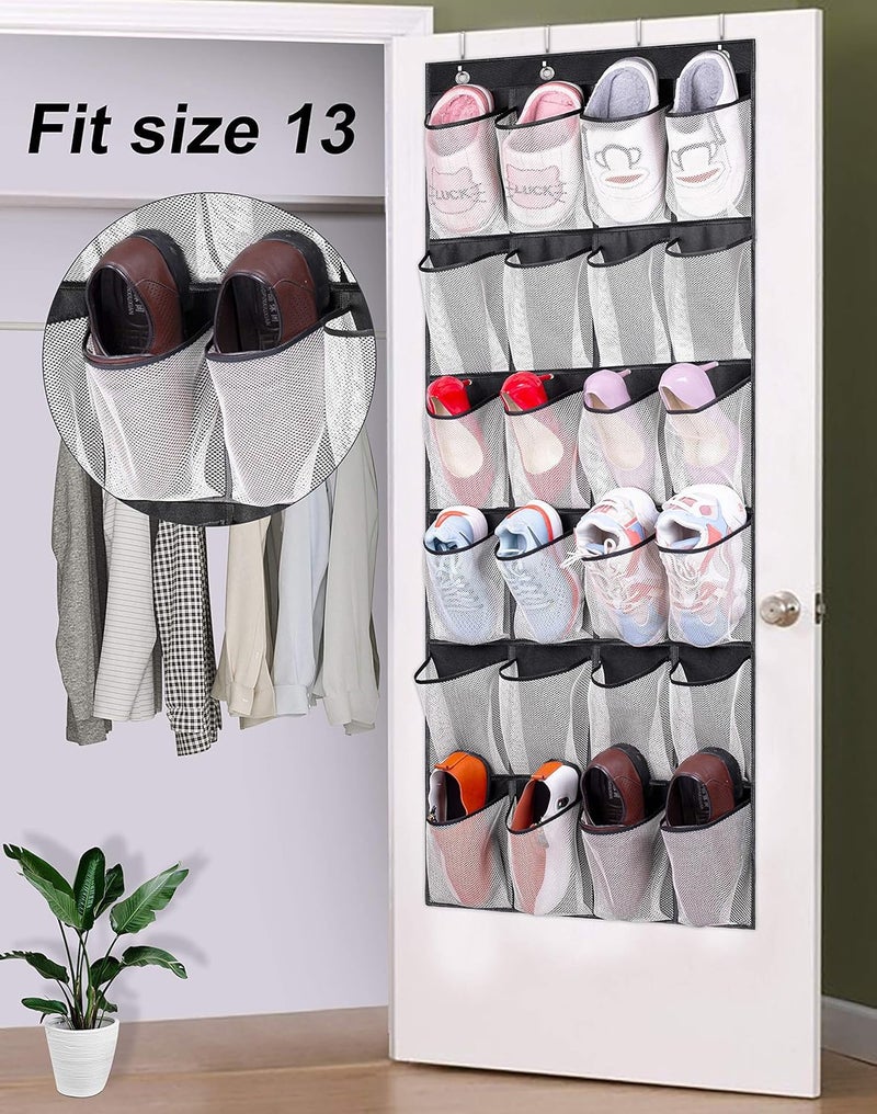 ميسلو MISSLO Hanging Shoe Rack Over Door Shoe Storage Organiser Holder 24 Large Mesh Pockets with Hanger(Black) - Image 1