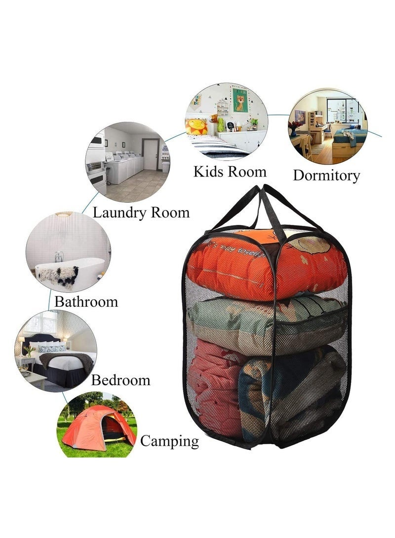 سلة غسيل منزلية من قطعتين، سلة تخزين قابلة للطي، سلة غسيل شبكية قابلة للطي مع مقبض (أسود) - Image 3