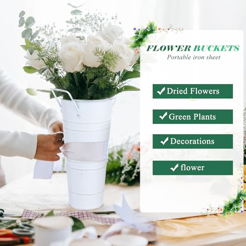 Dualshine 6 Pcs Galvanized Bucket Bar, 10 Inch Flower Bucket and Metal Vase with Handles, Farmhouse Vases for Wedding and Cut Flowers, Balcony Garden (White) - Image 5