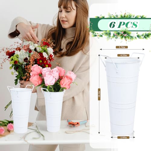 Dualshine 6 Pcs Galvanized Bucket Bar, 10 Inch Flower Bucket and Metal Vase with Handles, Farmhouse Vases for Wedding and Cut Flowers, Balcony Garden (White) - Image 4