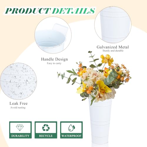 Dualshine 6 Pcs Galvanized Bucket Bar, 10 Inch Flower Bucket and Metal Vase with Handles, Farmhouse Vases for Wedding and Cut Flowers, Balcony Garden (White) - Image 3