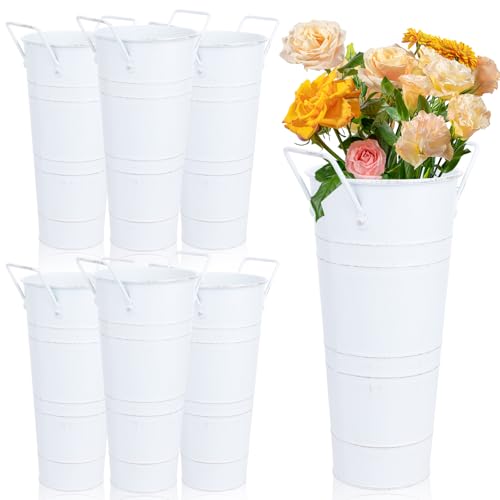 Dualshine 6 Pcs Galvanized Bucket Bar, 10 Inch Flower Bucket and Metal Vase with Handles, Farmhouse Vases for Wedding and Cut Flowers, Balcony Garden (White) - Image 1