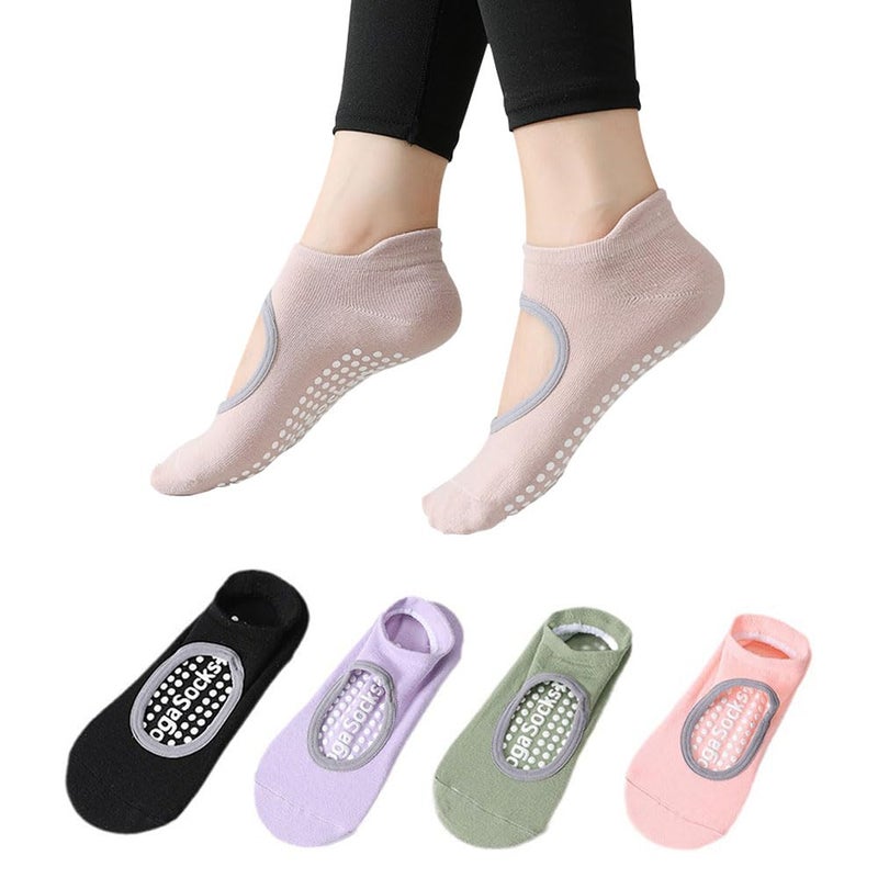 Yoga Socks – Black/Pink/Lotus Root/Green/Purple, 5 Pairs, Non-Slip Grip, Toeless for Pilates