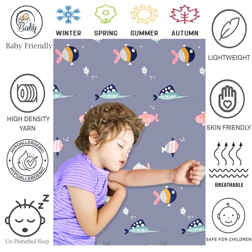 FRESH FROM LOOM Glace Cotton Wrinkle Free Soft Hypoallergenic Bed Sheet | Cartoon Printed Single Bedsheet For Kids With One Pillow Cover (60X90 Inches/Fish/Blue), 144 tc - Image 5