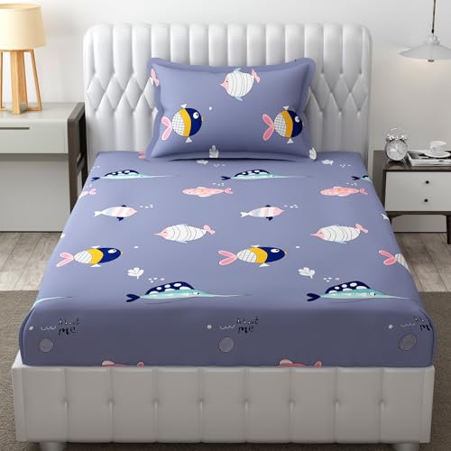 FRESH FROM LOOM Glace Cotton Wrinkle Free Soft Hypoallergenic Bed Sheet | Cartoon Printed Single Bedsheet For Kids With One Pillow Cover (60X90 Inches/Fish/Blue), 144 tc - Image 2