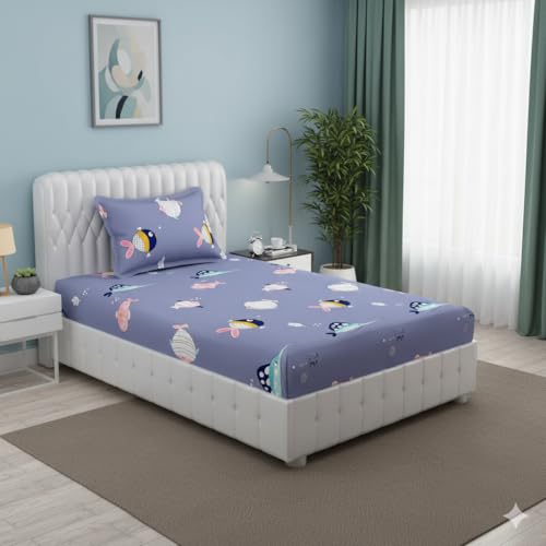 FRESH FROM LOOM Glace Cotton Wrinkle Free Soft Hypoallergenic Bed Sheet | Cartoon Printed Single Bedsheet For Kids With One Pillow Cover (60X90 Inches/Fish/Blue), 144 tc - Image 1