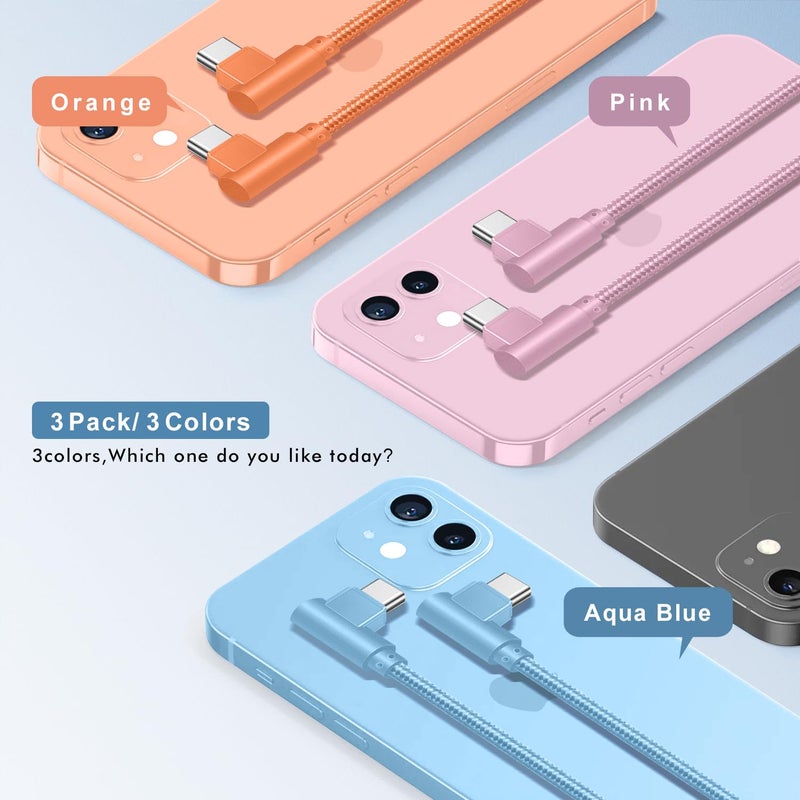APFEN USB C Cable 10FT, 3Pack Power Delivery 60W Nylon Braided C to C Cable 90 Degree Type C Fast Charging Cord for iPhone 17/ 17Air/17 Pro Max/16/16 Plus/16 Pro Max/15/15 Plus/Pro Max - Image 2