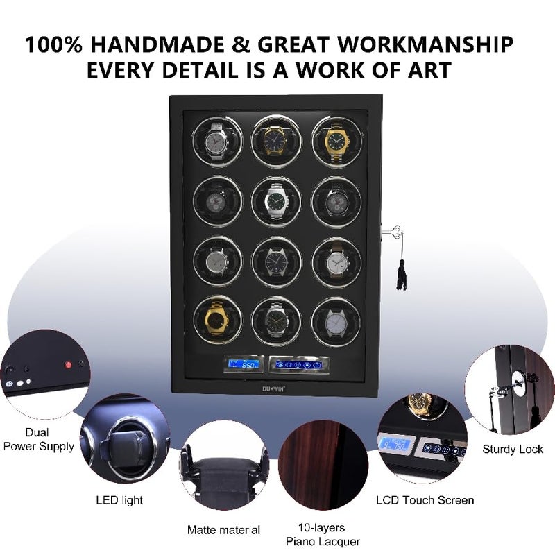 DUKWIN Watch Winder for 12 Automatic Watches with Key Lock, LCD Screen, Remote Control, LED Light, Adjustable Watch Pillow and Supper Quiet Motor for Universal Watches, Red - Image 2