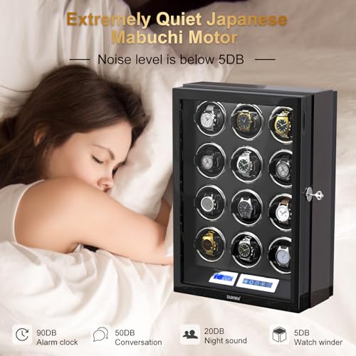 DUKWIN Watch Winder for 12 Automatic Watches with Key Lock, LCD Screen, Remote Control, LED Light, Adjustable Watch Pillow and Supper Quiet Motor for Universal Watches, Red - Image 5