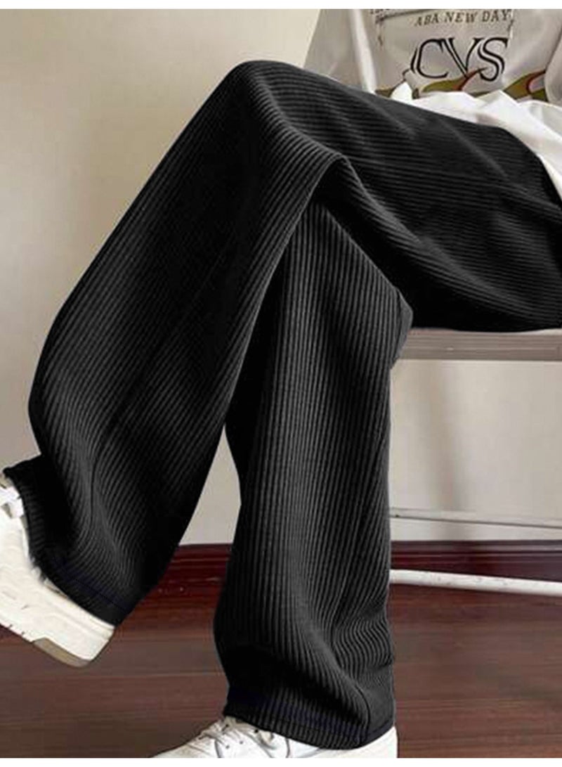 بنطال رجالي أسود من قماش مخملي واسع الساق، بقصّة فضفاضة وشريط سحب، بتصميم غير رسمي - Image 1