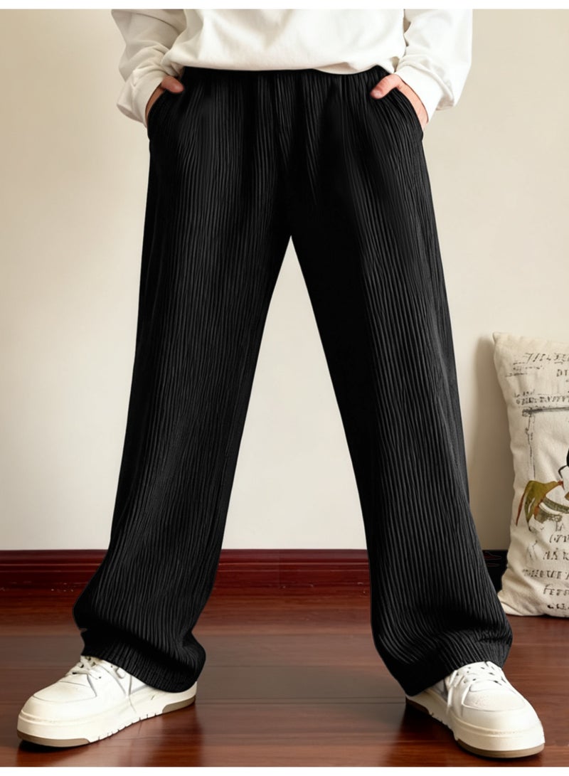 بنطال رجالي أسود من قماش مخملي واسع الساق، بقصّة فضفاضة وشريط سحب، بتصميم غير رسمي - Image 2