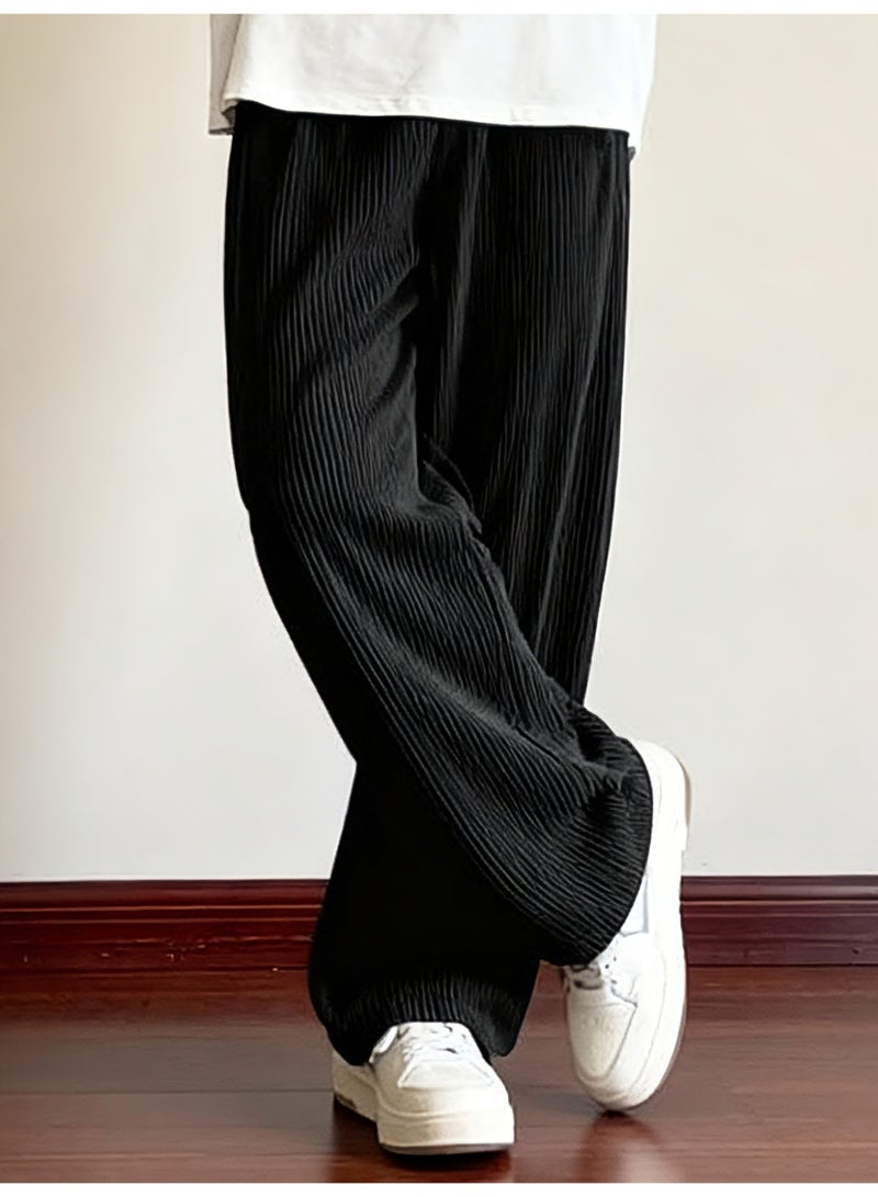 بنطال رجالي أسود من قماش مخملي واسع الساق، بقصّة فضفاضة وشريط سحب، بتصميم غير رسمي - Image 3