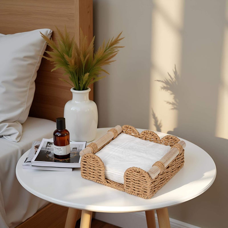 CubesLand Scalloped Napkin Holder for Table, Farmhouse Warming Home Kitchen Decor, Paper Rope Flat Napkin Dispenser Guest Towel Tray for Bathroom, Disposable Napkin Basket for Dining Table, Neutral - Image 5