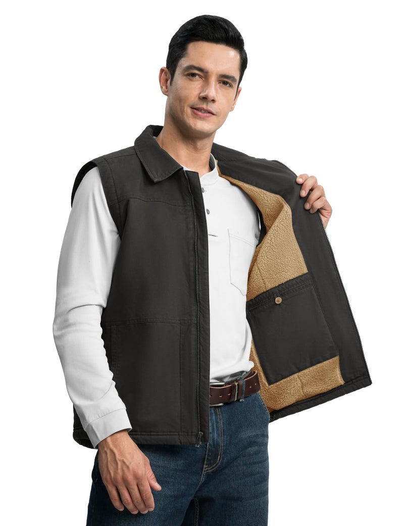 TBMPOY Men's Winter Vest Casual Sherpa Fleece lined Full Zip Lightweight Vest Outerwear Warm Cotton Travel Jackets Deep Gray 2XL - Image 4