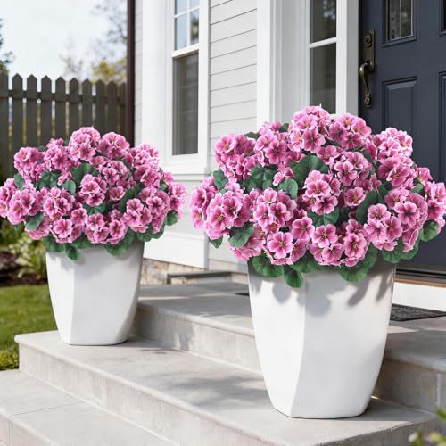 GLIDLION 12 Bundles Artificial Geranium Flowers for Spring Summer Decor, UV-Resistant Fake Plants Realistic Faux Silk Bouquets for Front Door Farmhouse Garden Porch Home Outdoor Decor (Pink) - Image 1