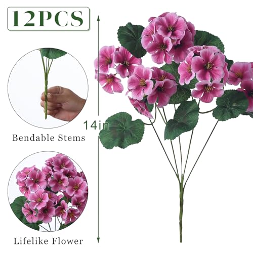 GLIDLION 12 Bundles Artificial Geranium Flowers for Spring Summer Decor, UV-Resistant Fake Plants Realistic Faux Silk Bouquets for Front Door Farmhouse Garden Porch Home Outdoor Decor (Pink) - Image 5