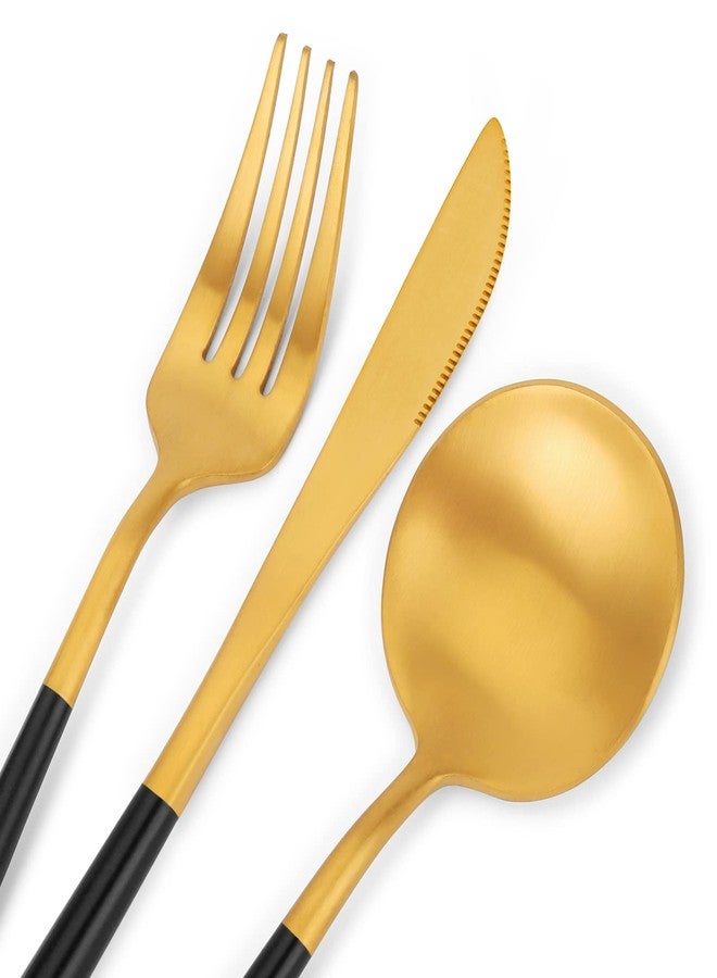 sharecook طقم أدوات مائدة SHARECOOK مكون من 30 قطعة، مطلي بالذهب غير اللامع - طقم أدوات مائدة من الفولاذ المقاوم للصدأ بلمسة نهائية ساتانية، يكفي لـ 6 أشخاص، طقم أدوات مطبخ بمقبض أسود - Image 3