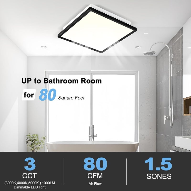 Tech Drive Bathroom Exhaust Fan with Light,80CFM 1.5Sone,Super Quiet Bathroom Ventilation Fan,1000lm Dimmable 3CCT LED Light 3000K/4000K/5000K Selectable, Energy Star Bath Fan, Decorative Black Trim - Image 2