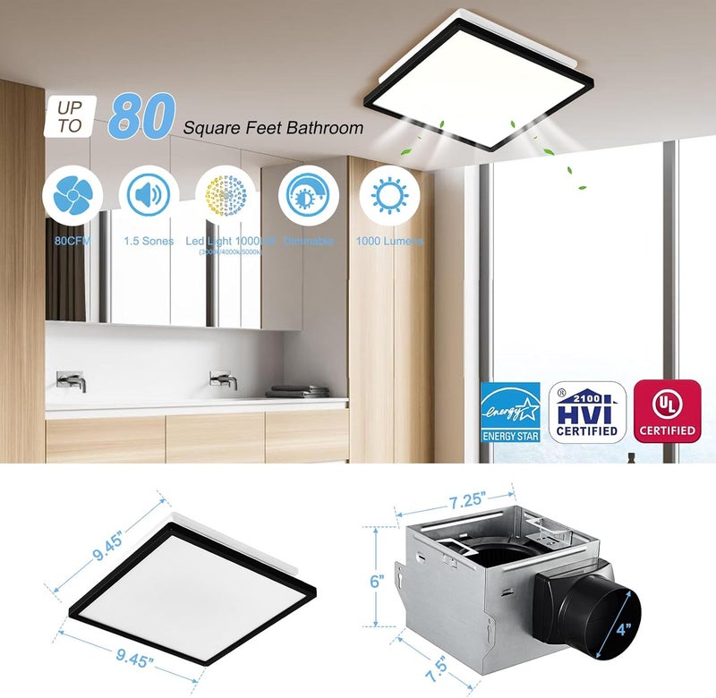 Tech Drive Bathroom Exhaust Fan with Light,80CFM 1.5Sone,Super Quiet Bathroom Ventilation Fan,1000lm Dimmable 3CCT LED Light 3000K/4000K/5000K Selectable, Energy Star Bath Fan, Decorative Black Trim - Image 3