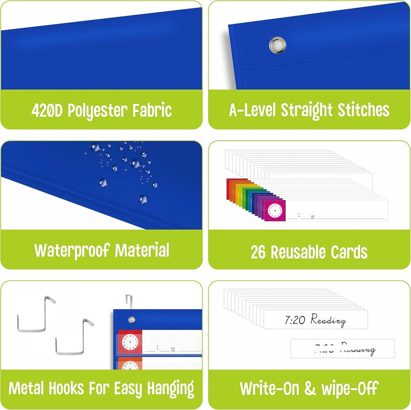 SpriteGru Daily Schedule Pocket Chart, Classroom Charts with 13+1 Pockets, 13 Double-Sided Reusable Colored Cards, 13 Blank Ones and 2 Over-Door Mounting Hangers Include (Blue, 13” x 36”) - Image 4