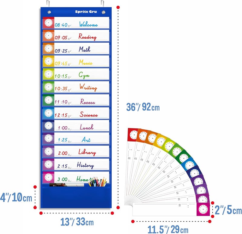 SpriteGru Daily Schedule Pocket Chart, Classroom Charts with 13+1 Pockets, 13 Double-Sided Reusable Colored Cards, 13 Blank Ones and 2 Over-Door Mounting Hangers Include (Blue, 13” x 36”) - Image 2
