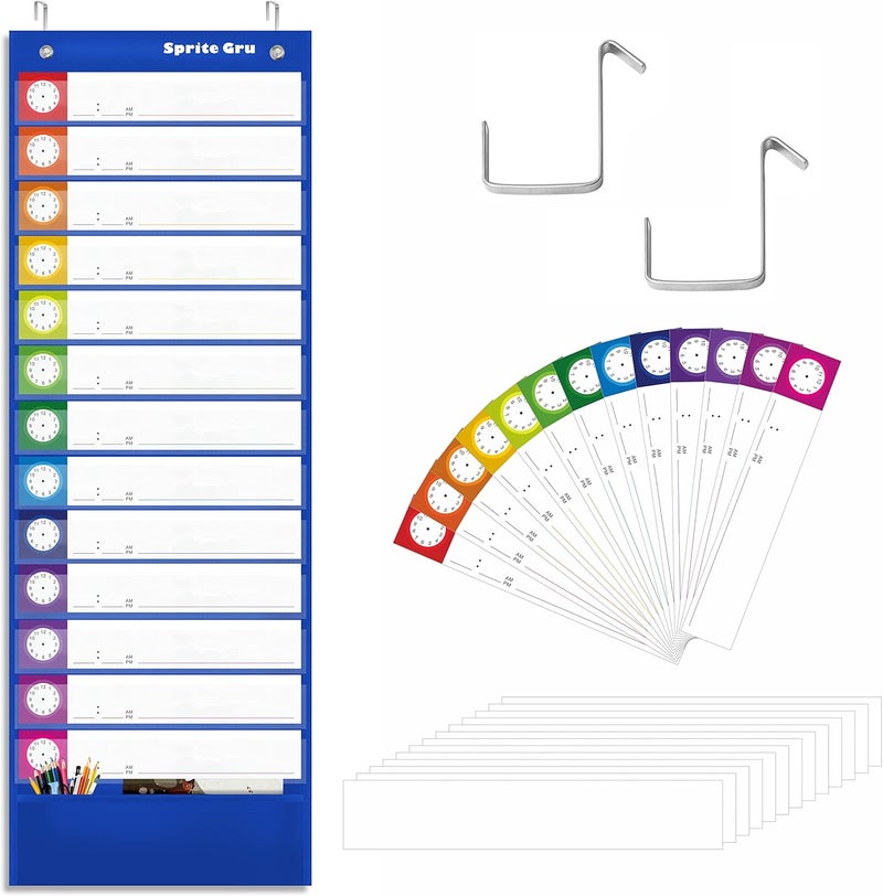 SpriteGru Daily Schedule Pocket Chart, Classroom Charts with 13+1 Pockets, 13 Double-Sided Reusable Colored Cards, 13 Blank Ones and 2 Over-Door Mounting Hangers Include (Blue, 13” x 36”) - Image 1