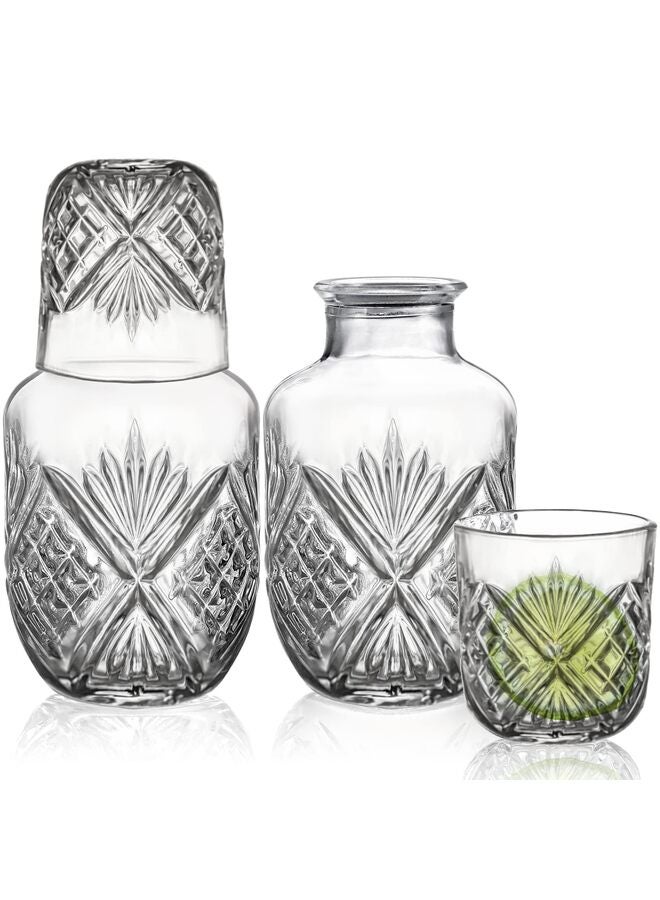 2 PCS Water Carafe Set With Tumbler, 15OZ Vintage Bedside Clear Glass Mouthwash Bottle Nightstand Carafe and Glass for Handy Midnight Drink Set for Water Juice Kitchen Bedroom - Image 1
