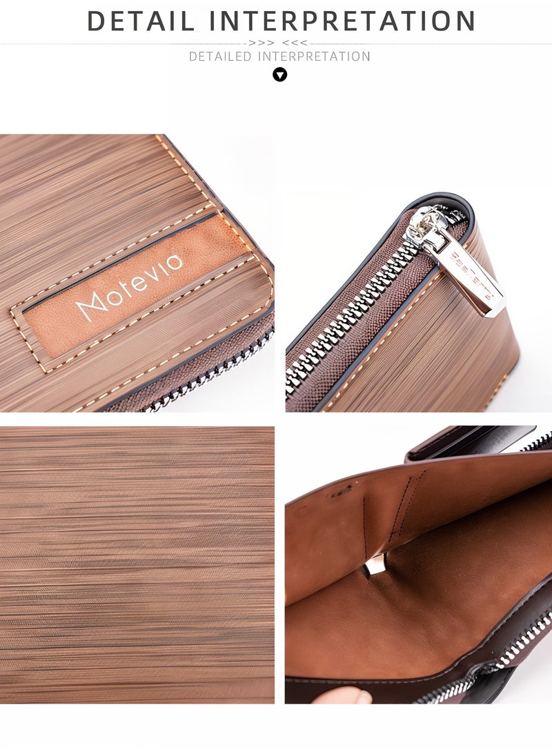 Men Wallet Leather Card Case for Men with External Zipper and 5 Interior Pockets Snap Pocket Card Case Wallet for Men by Motevia (Coffee)