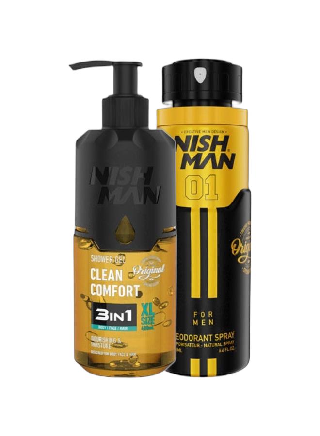 NISHMAN Refreshing Set: "Clean Comfort" Shower Gel (480 ml) and Deodorant Spray 01 (200 ml) - Image 1
