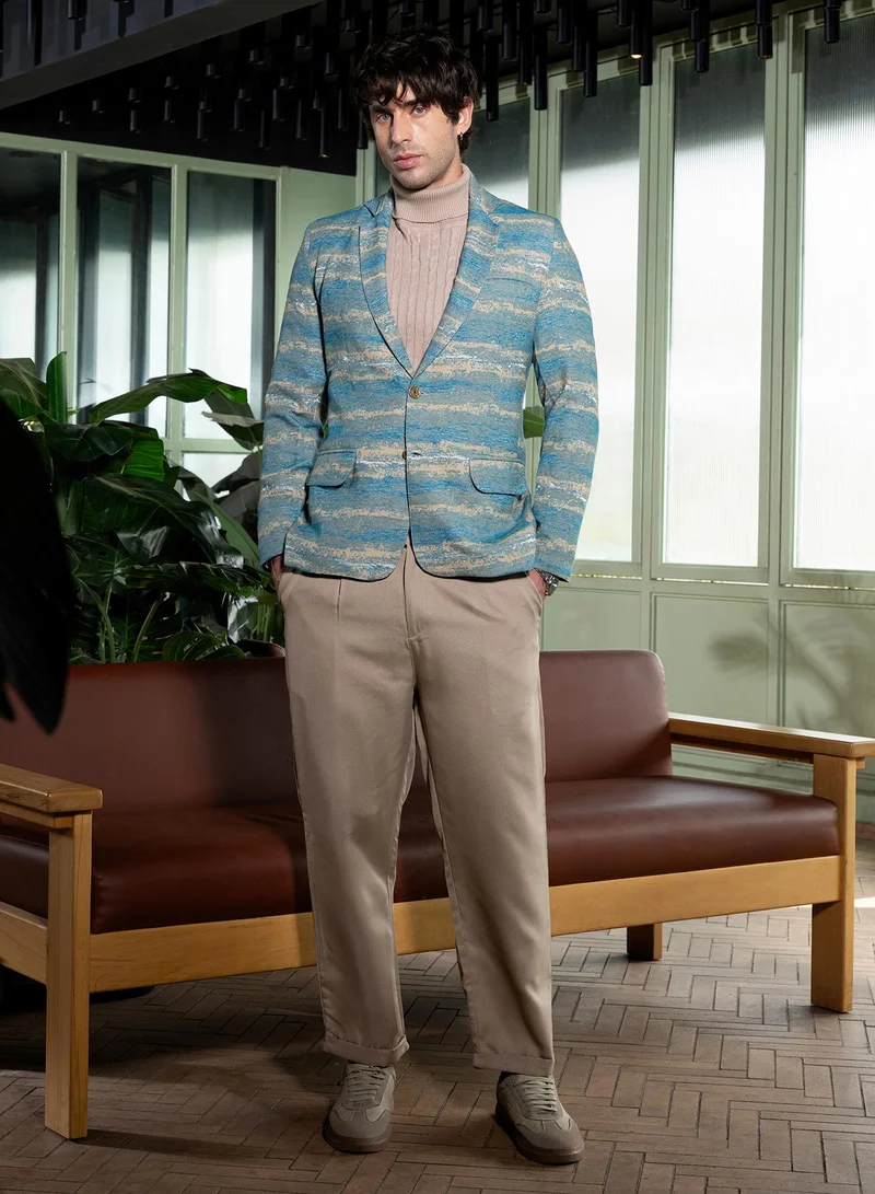 CAHOOT  Men Tailored Gradient-Strokes Jacquard Blazer | Lapel Collar, Split-Button Set-In Sleeves | Button , Straight Hem | Abstract Jacquard Woven Fabric For Casual & Evening Wear | Sky Blue for Men | Best Price UAE