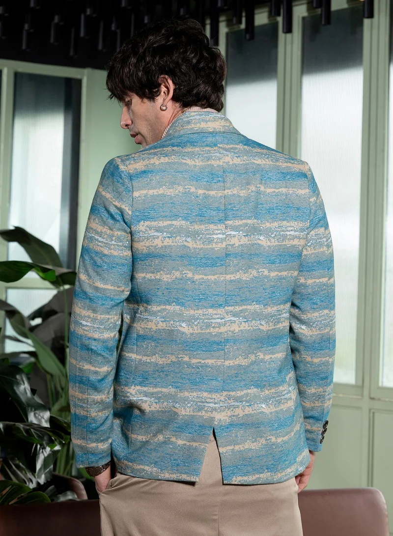 CAHOOT  Men Tailored Gradient-Strokes Jacquard Blazer | Lapel Collar, Split-Button Set-In Sleeves | Button , Straight Hem | Abstract Jacquard Woven Fabric For Casual & Evening Wear | Sky Blue for Men | Best Price UAE