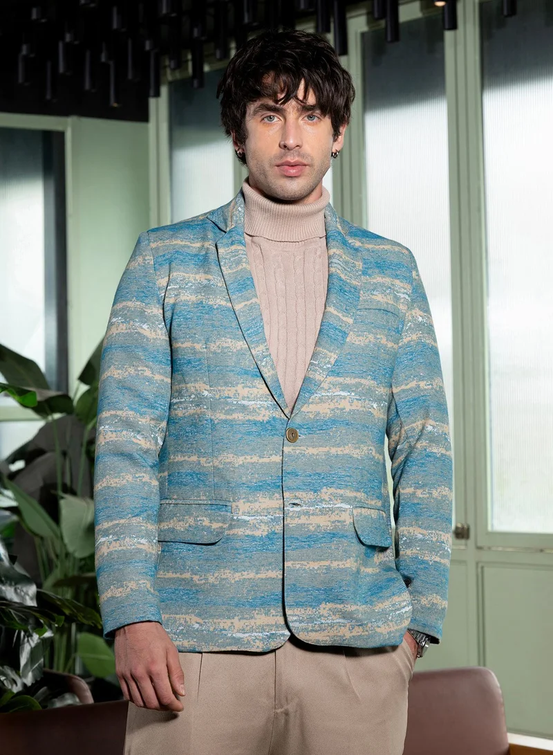 CAHOOT  Men Tailored Gradient-Strokes Jacquard Blazer | Lapel Collar, Split-Button Set-In Sleeves | Button , Straight Hem | Abstract Jacquard Woven Fabric For Casual & Evening Wear | Sky Blue for Men | Best Price UAE