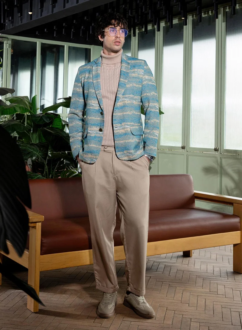 CAHOOT  Men Tailored Gradient-Strokes Jacquard Blazer | Lapel Collar, Split-Button Set-In Sleeves | Button , Straight Hem | Abstract Jacquard Woven Fabric For Casual & Evening Wear | Sky Blue for Men | Best Price UAE