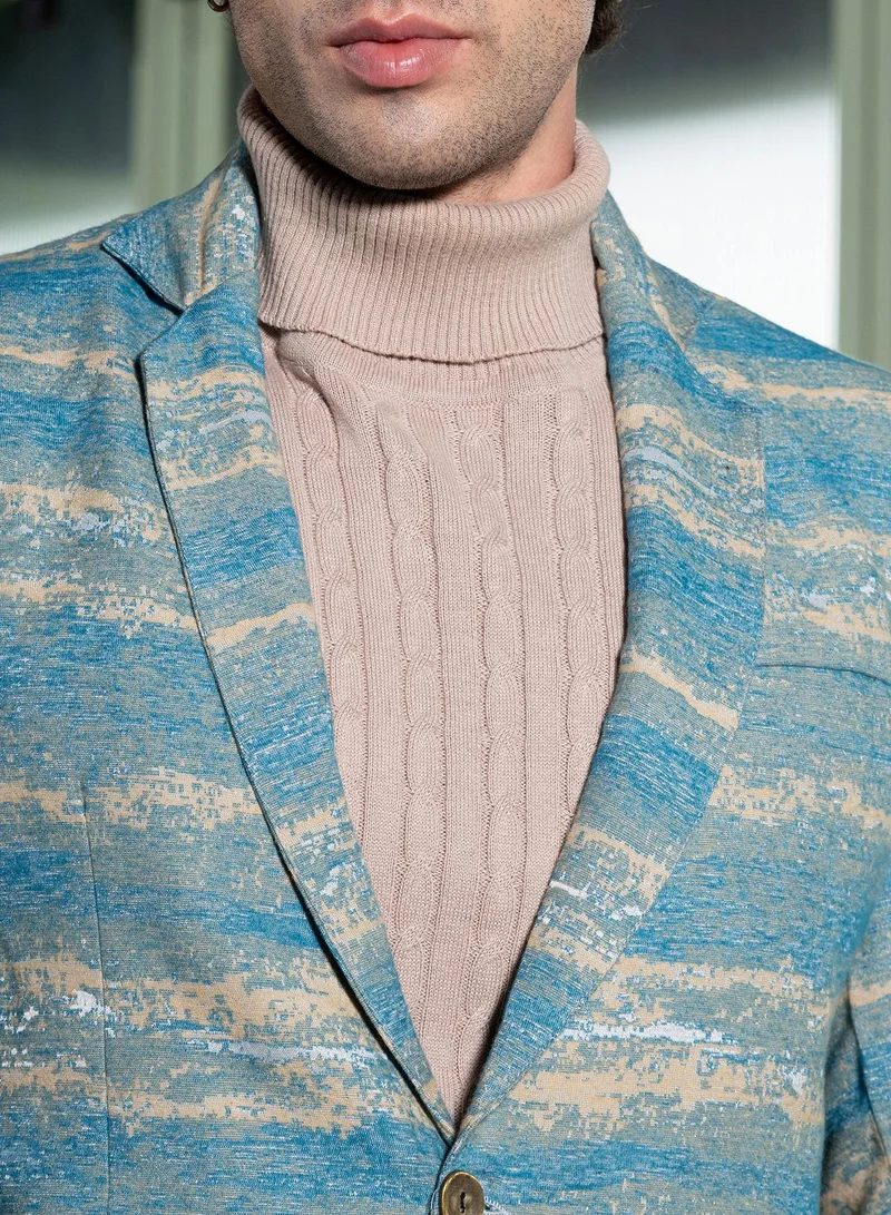 CAHOOT  Men Tailored Gradient-Strokes Jacquard Blazer | Lapel Collar, Split-Button Set-In Sleeves | Button , Straight Hem | Abstract Jacquard Woven Fabric For Casual & Evening Wear | Sky Blue for Men | Best Price UAE
