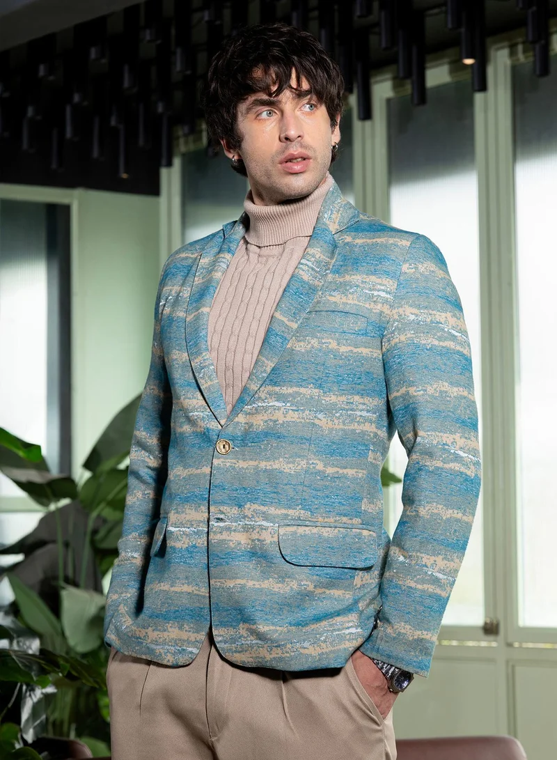 CAHOOT  Men Tailored Gradient-Strokes Jacquard Blazer | Lapel Collar, Split-Button Set-In Sleeves | Button , Straight Hem | Abstract Jacquard Woven Fabric For Casual & Evening Wear | Sky Blue for Men | Best Price UAE