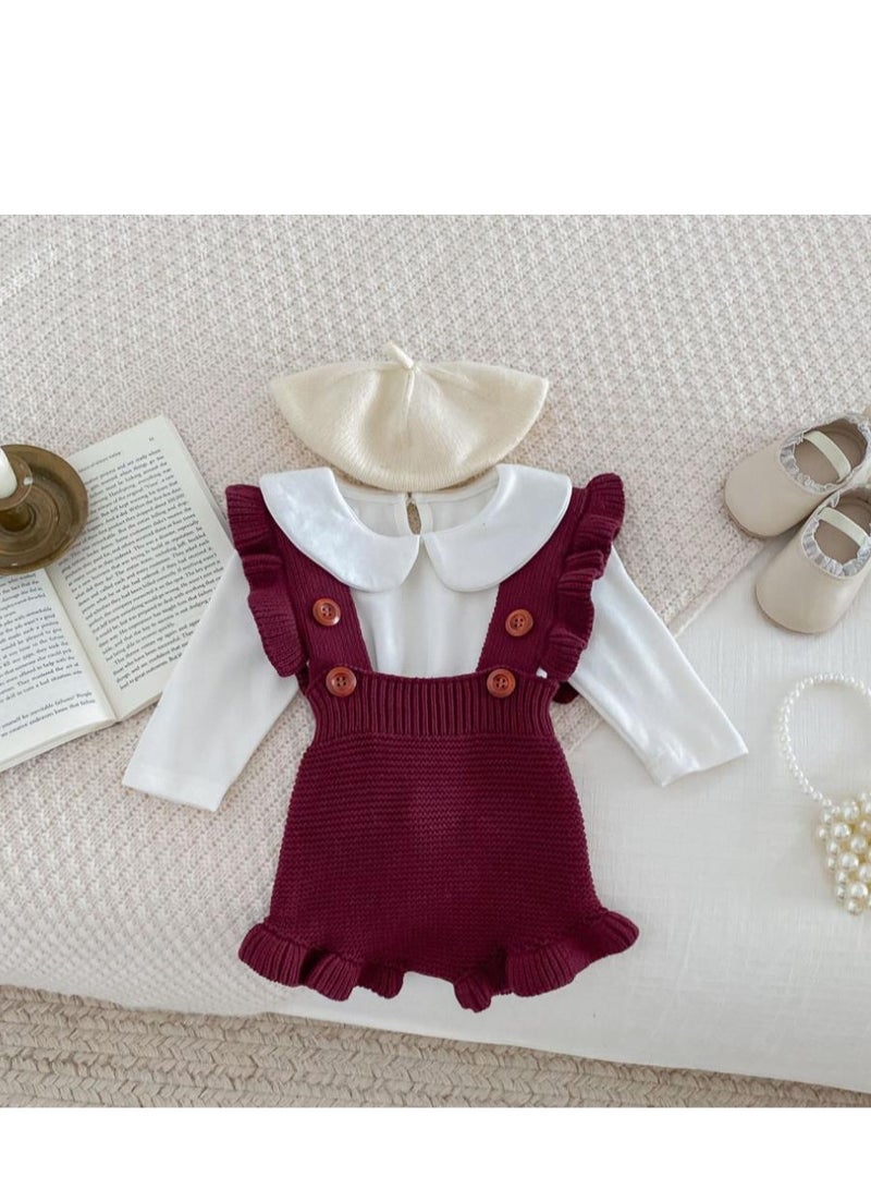 Baby And Toddler Style Sweet Ruffled Overalls+Lace Top+Hat Set - Image 1