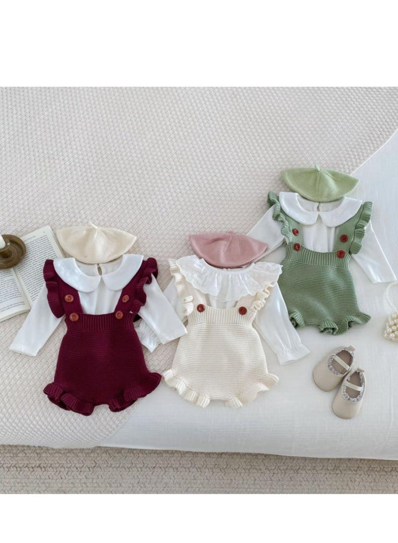 Baby And Toddler Style Sweet Ruffled Overalls+Lace Top+Hat Set - Image 2