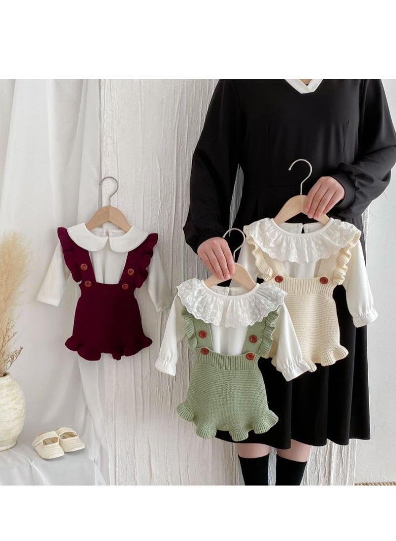 Baby And Toddler Style Sweet Ruffled Overalls+Lace Top+Hat Set - Image 3