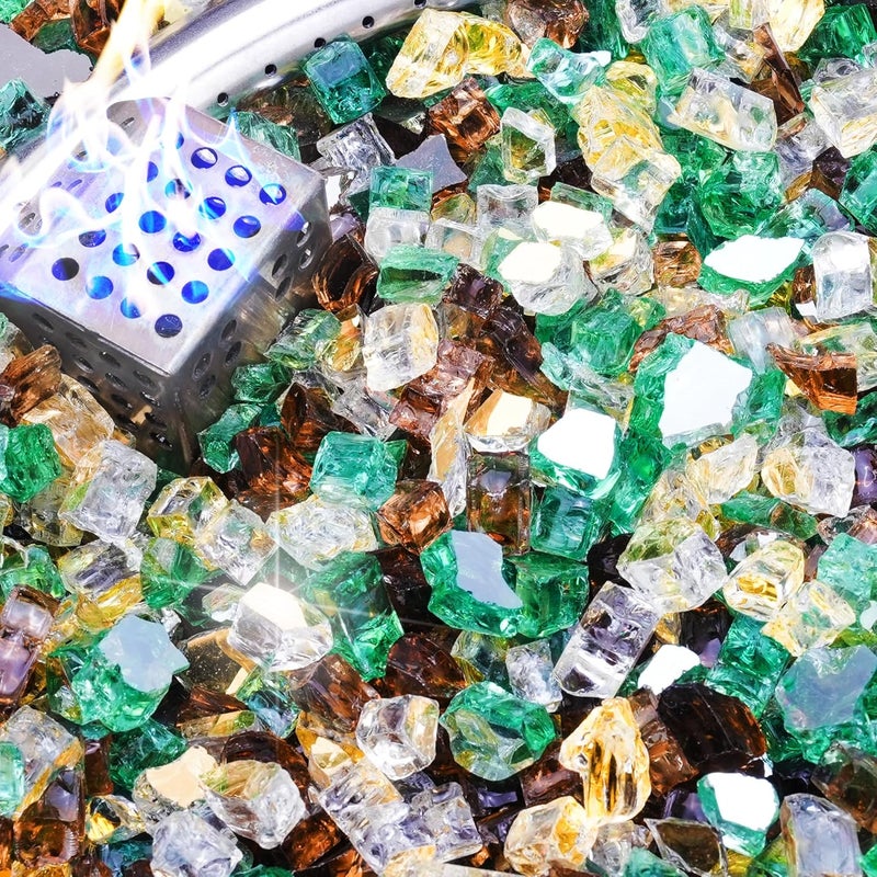 NUPICK 20 Pound Fire Glass, 1/2 Inch Reflective Fire Pit Glass, Tempered Firepit Glass Rock for Propane or Natural Gas, Glass Rocks for Fire Pit Table or Fireplace, Gold & Green & Copper Mix - Image 1