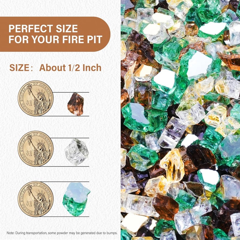 NUPICK 20 Pound Fire Glass, 1/2 Inch Reflective Fire Pit Glass, Tempered Firepit Glass Rock for Propane or Natural Gas, Glass Rocks for Fire Pit Table or Fireplace, Gold & Green & Copper Mix - Image 2