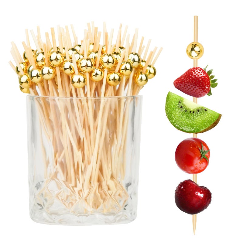 HOPELF 200PCS Cocktail Picks, Fancy Toothpicks for Appetizers, Decorative Skewers for Appetizers Drinks Party Fruit, 4.7 Inch Long Wooden Bamboo Gold Ball Food Sticks Charcuterie Boards Accessories - Image 1