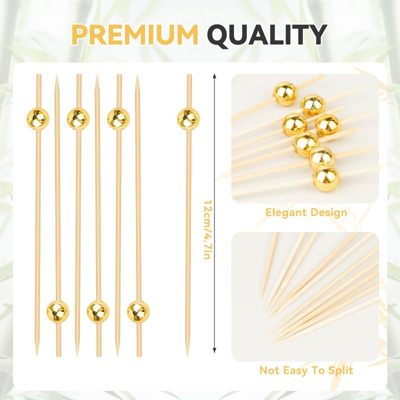 HOPELF 200PCS Cocktail Picks, Fancy Toothpicks for Appetizers, Decorative Skewers for Appetizers Drinks Party Fruit, 4.7 Inch Long Wooden Bamboo Gold Ball Food Sticks Charcuterie Boards Accessories - Image 2